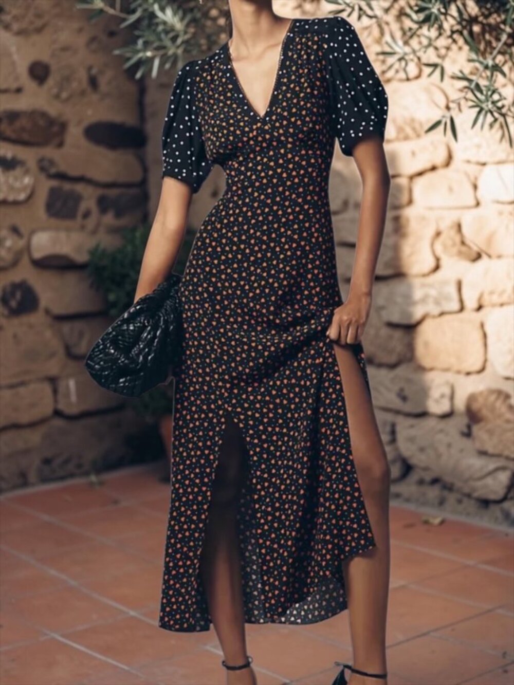 Anthropologie Maeve V-Neck A-Line Maxi Dress M Black Red Heart Polka Dot